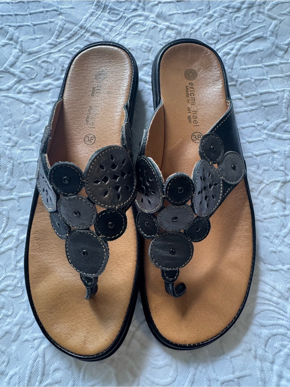 Eric Michael Portugal Leather Floral Thong Sandals Womens EU 38 US 7.5 8 Comfort